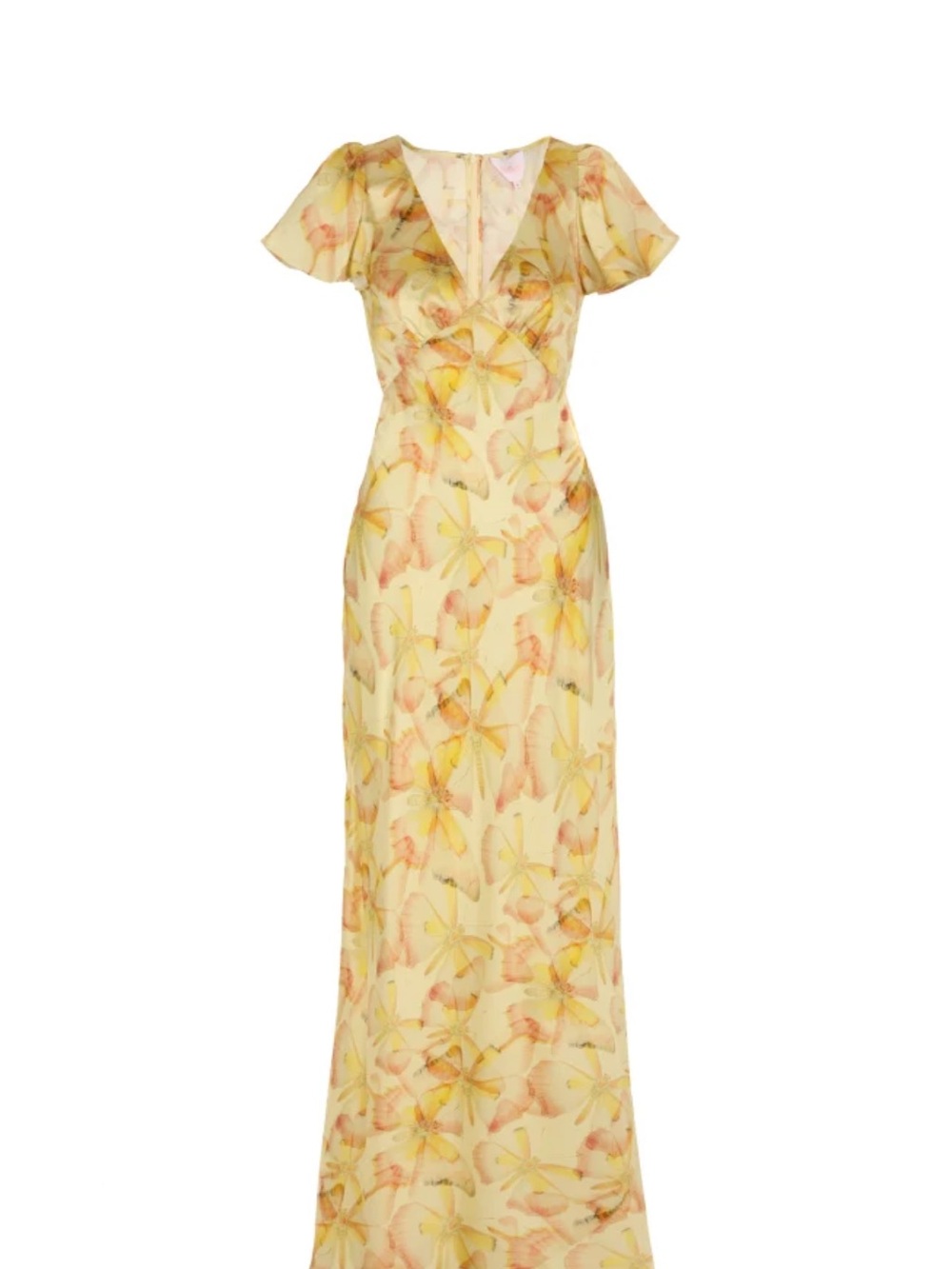 Selkie Sunshine Flutter Silk Slip Dress - Yellow Floral Flutter-Sleeve Maxi